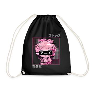 Glitch Anime Chibi Japanische Vaporwellen -Ästheti - Turnbeutel - Schwarz - Vorne