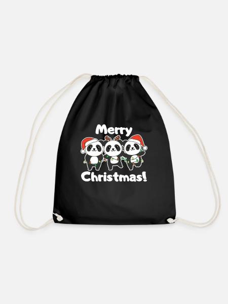 Panda Christmas Animals Pandas Merry Christmas - Drawstring Bag - black