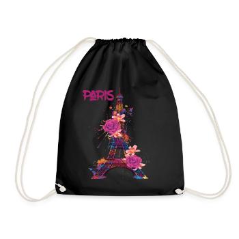 Paris-Roses-Eiffel Tower-Souvenir-France-French - Drawstring Bag - black - Front