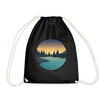RETRO RIVER WITH FOREST AND BIRDS AT SUNSET - Drawstring Bag - black - Front