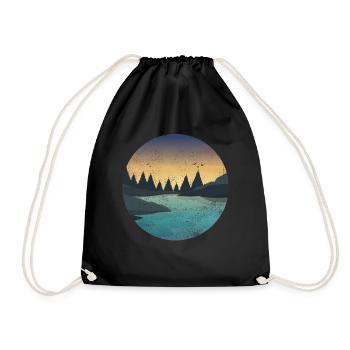 RETRO RIVER WITH FOREST AND BIRDS AT SUNSET - Drawstring Bag - black - Front