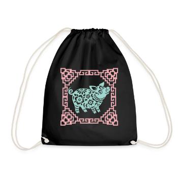 Year of the Pig, Chinese Horoscope China - Drawstring Bag - black - Front