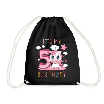 Children Birthday Boys Girls 5 years Unicorn - Drawstring Bag - black - Front