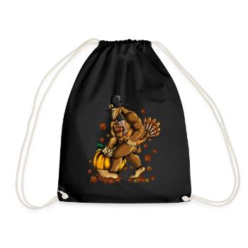 Pumpkin Thanksgiving Celebration Monkey Holds Turkey Outfit - Drawstring Bag - black - Front
