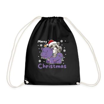 Christmas Hippo Raccoon Merry Christmas Hippo - Drawstring Bag - black - Front