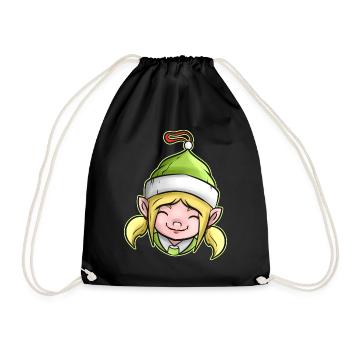 Kawaii Xmas Christmas Tree Ball Globe Female Elf - Drawstring Bag - black - Front
