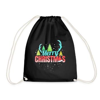 Merry Christmas Logo Santas Hat Antlers Christmas - Drawstring Bag - black - Front