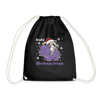 Weihnachts Hippo Waschbär frohe Weihnachten Hippo - Turnbeutel - Schwarz - Vorne