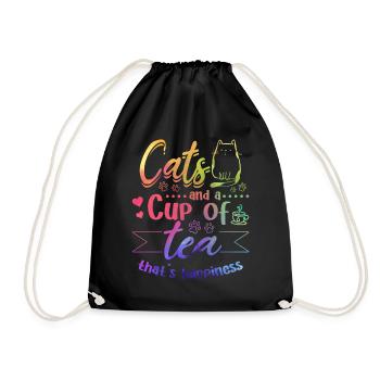 Cats And A Cup Of Tea That's Happiness - Cat Lover - Drawstring Bag - black - Front