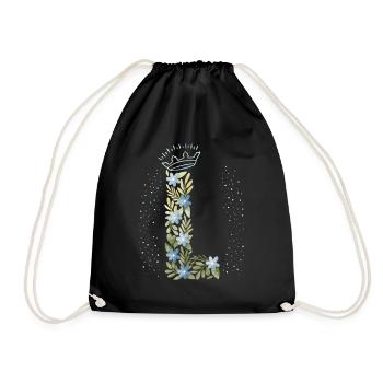 Monogramm Buchstabe L mit Krone, florales Ornament - Turnbeutel - Schwarz - Vorne