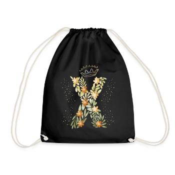 Monogramm Buchstabe X mit Krone, florales Ornament - Turnbeutel - Schwarz - Vorne