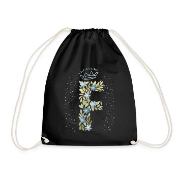 Monogramm Buchstabe F mit Krone, florales Ornament - Turnbeutel - Schwarz - Vorne