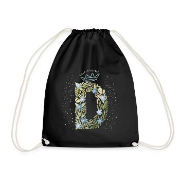 Monogram letter D with crown, floral ornament - Drawstring Bag - black - Front