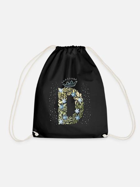 Monogramm Buchstabe D mit Krone, florales Ornament - Turnbeutel - Schwarz