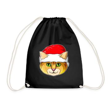 Cute Kawaii Christmas Cat with Santas Hat For - Drawstring Bag - black - Front