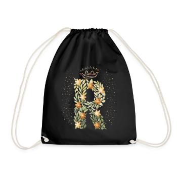 Monogramm Buchstabe R mit Krone, florales Ornament - Turnbeutel - Schwarz - Vorne