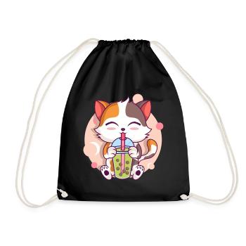 Anime Kawaii Katze Trinkt Boba Tea bubble Tea - Turnbeutel - Schwarz - Vorne