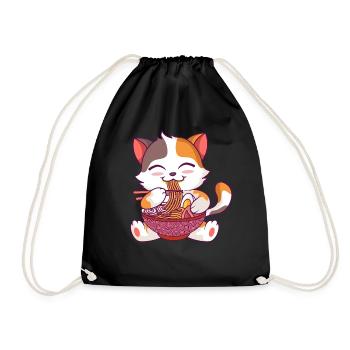 Kawaii Anime Cat Japanese Noodles Ramen - Drawstring Bag - black - Front