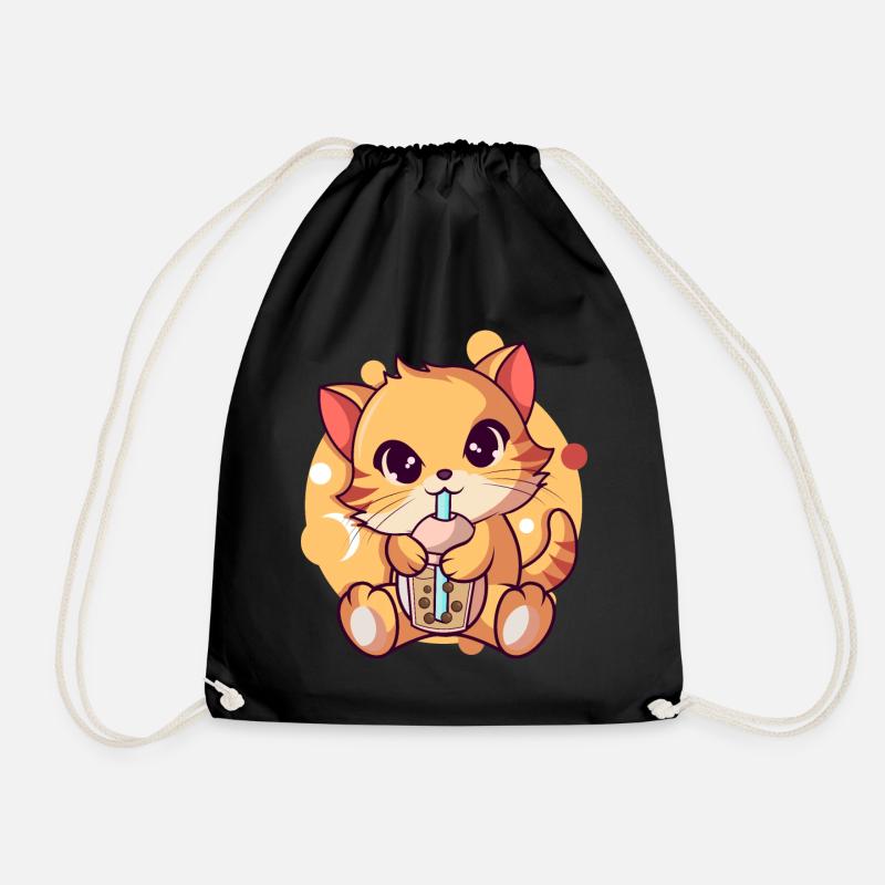 Anime Kawaii Katze Trinkt Boba Tea bubble Tea - Turnbeutel - Schwarz