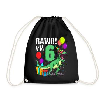 6th birthday I am 6 years T-Rex dinosaur - Drawstring Bag - black - Front