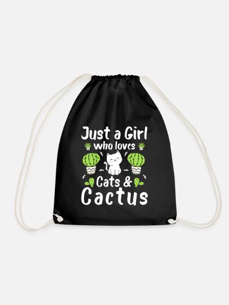 Just A Girl Who Loves Cats and Cactus Cat Cactus - Drawstring Bag - black