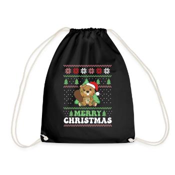 Merry Christmas retro ugly christmas beaver - Drawstring Bag - black - Front