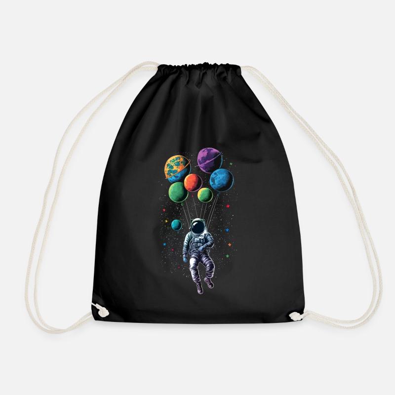 Astronaut Flying in Space On Balloons - Drawstring Bag - black