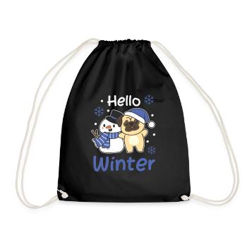 Pug Hello Winter Snowman Snow Christmas - Drawstring Bag - black - Front