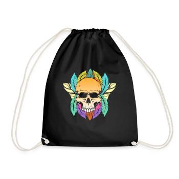 Colorful Skull Feathers Pattern Peace Gothic - Drawstring Bag - black - Front