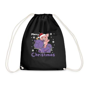 Christmas Hippo Pig Merry Christmas Hippo - Drawstring Bag - black - Front