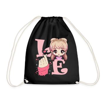 Love Saranghae Finger Heart Korean Anime Chibi Kpo - Drawstring Bag - black - Front