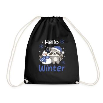 Raccoon Hello Winter Snowman Christmas - Drawstring Bag - black - Front