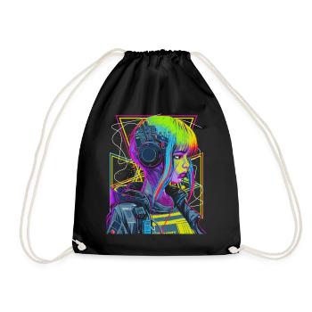 Japanese Vaporwave Anime Girl Futurism Aesthethic - Drawstring Bag - black - Front