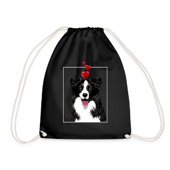 Border Collie Dog with Hearts and Tongue Vintage - Drawstring Bag - black - Front