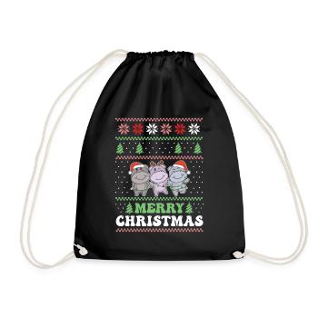 Merry Christmas retro ugly christmas Hippo - Drawstring Bag - black - Front