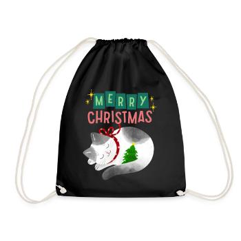 Cat with Christmas tree, Christmas saying - Drawstring Bag - black - Front