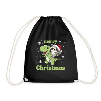 Raccoon Trex Christmas Snow Winter Animals - Drawstring Bag - black - Front