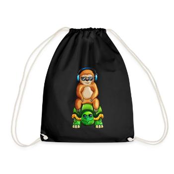 Turtle and sloth music listen to music - Drawstring Bag - black - Front