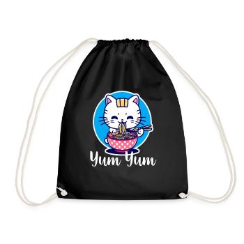 Cute Cat Eats Ramen - Anime - Manga - Drawstring Bag - black - Front