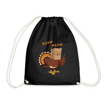 Meow Meow Thanksgiving Turkey Cat Funny Fake Cat - Drawstring Bag - black - Front