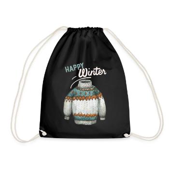 Winter-Design, Strick Pullover Happy-Winter Spruch - Turnbeutel - Schwarz - Vorne