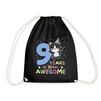 Cat for 9th birthday children nine years old - Drawstring Bag - black - Front