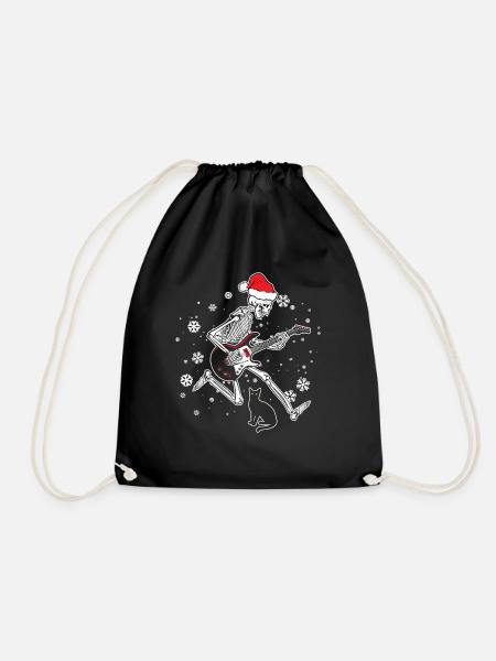 Skelett spielt E-Gitarre Katze Weihnachtsmütze - Turnbeutel - Schwarz