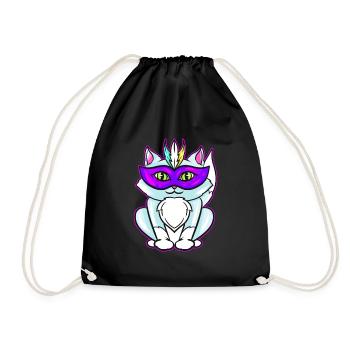 Cute Kawaii Cat With Purple Mask For Mardi Gras - Drawstring Bag - black - Front
