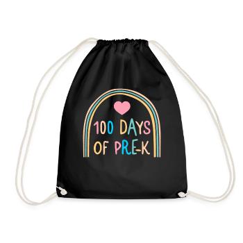 School Shirt, 100 Days Of Pre-K Rainbow Heart Tee - Drawstring Bag - black - Front