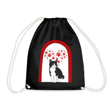 Valentines Day Shirt, Cat Paw Heart Cute - Drawstring Bag - black - Front