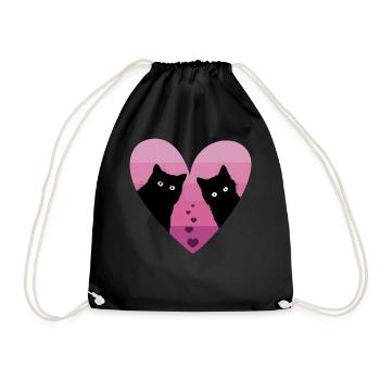 Valentinstag Shirt, Katze Paar Herz Retro - Turnbeutel - Schwarz - Vorne