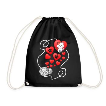 Valentines Day Shirt, Cat Paw Heart Yarn Cute - Drawstring Bag - black - Front