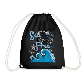 Ocean-Sea, Typography Saying, Waves, Starfish - Drawstring Bag - black - Front