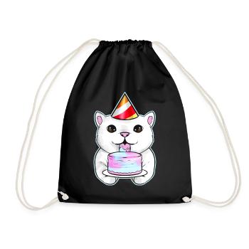 White Cat With Party Hat Licks A Birthday Cake On - Drawstring Bag - black - Front
